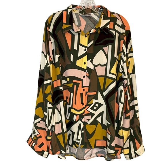Big Dart Tops - Big Dart Plus Size 20 Top Button Down Geometric Retro Pop Art Pattern Loose Fit